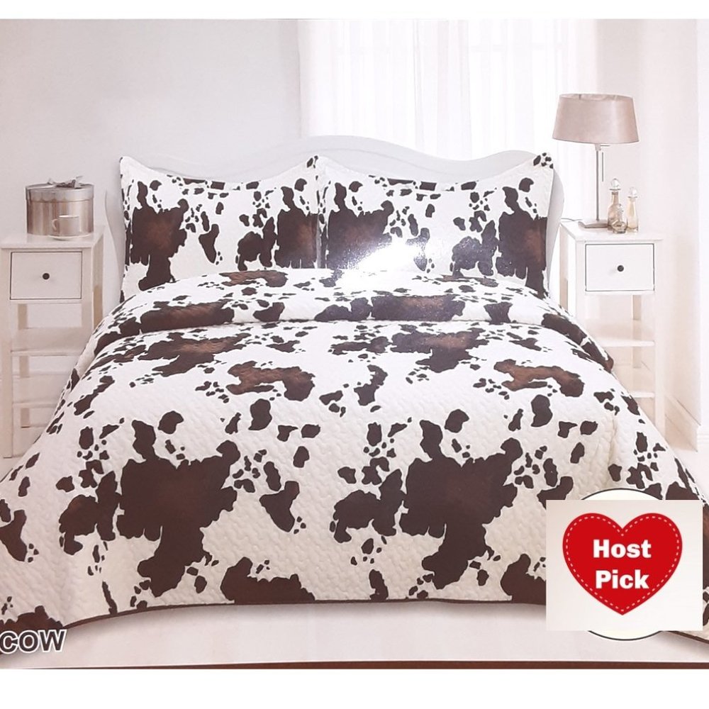 Country Western Design - Cow Print - 3 Piece Quilted Bedspread Set